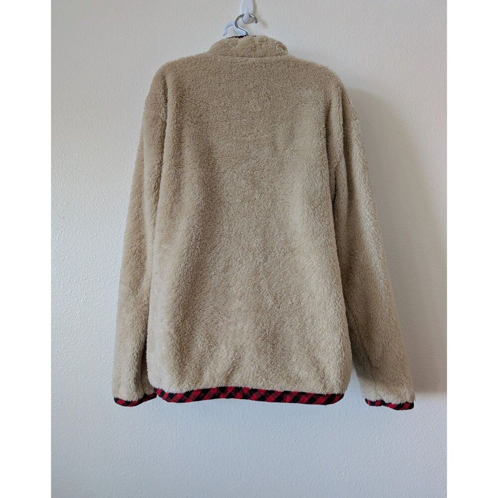 Cozy Sherpa Fleece Pullover Plaid Trim Quarter-Button Collar w/ Pockets - Picture 3 of 10